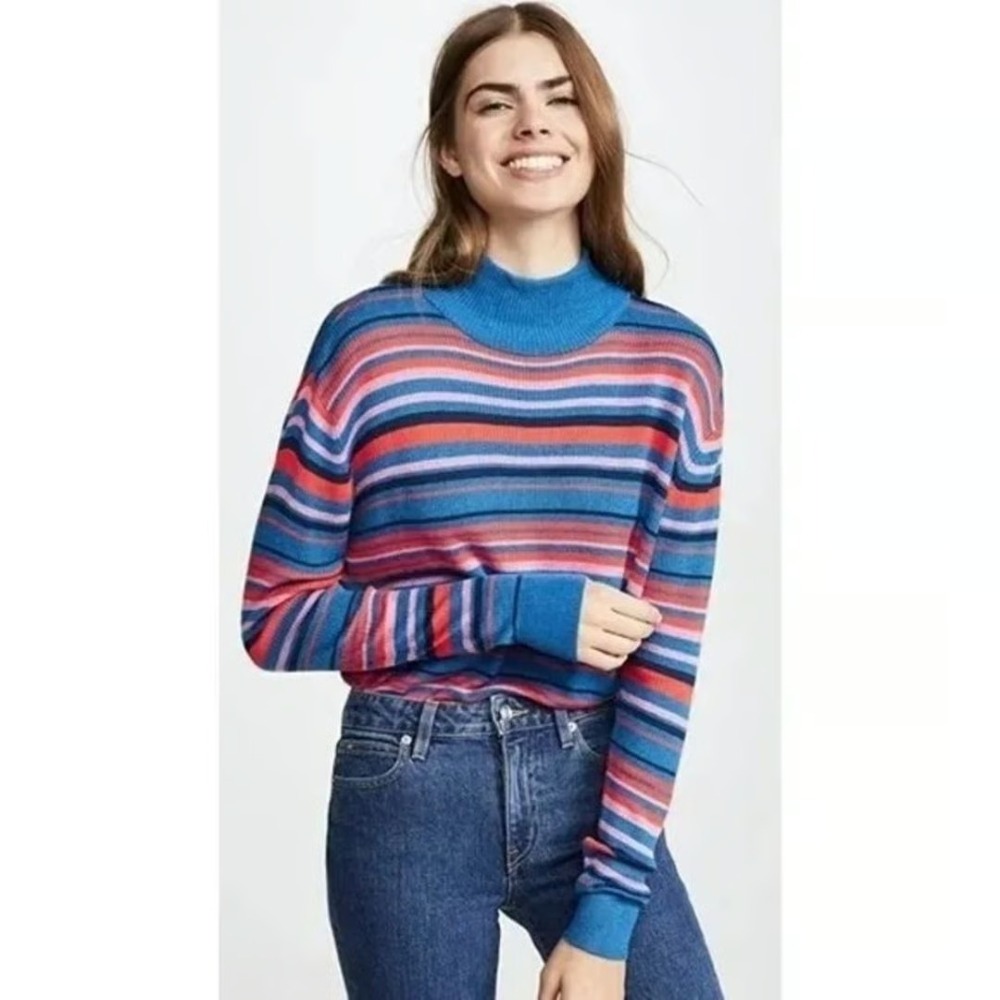 Kule The Marlene Striped Turtleneck Long Sleeve Top In Blue Size S